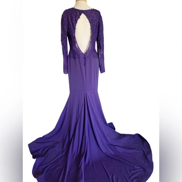 Mori Lee Madeline Gardner Gown Dress Sz 14 Purple Long Sleeve Sequins Lace Gala - Picture 2 of 16